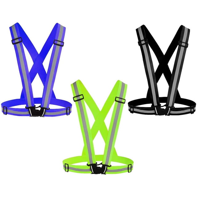 Lot de 3 Gilet Réfléchissant Équipement de Course, Gilets de Sécurité Réglables Ceinture Réfléchissante Haute Visibilité - Vert+bleu Foncé+noir