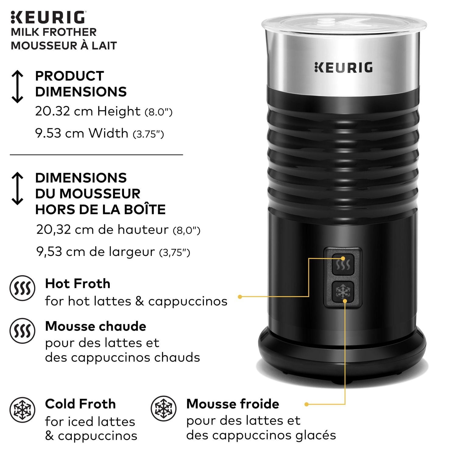 Keurig Milk Frother For Lattes And Cappuccinos, Features Hot And Cold Function, Froth cold or hot beverages