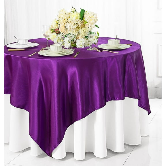Wedding Linens Inc. 85 inch Square Satin Table Overlay Toppers - Purple