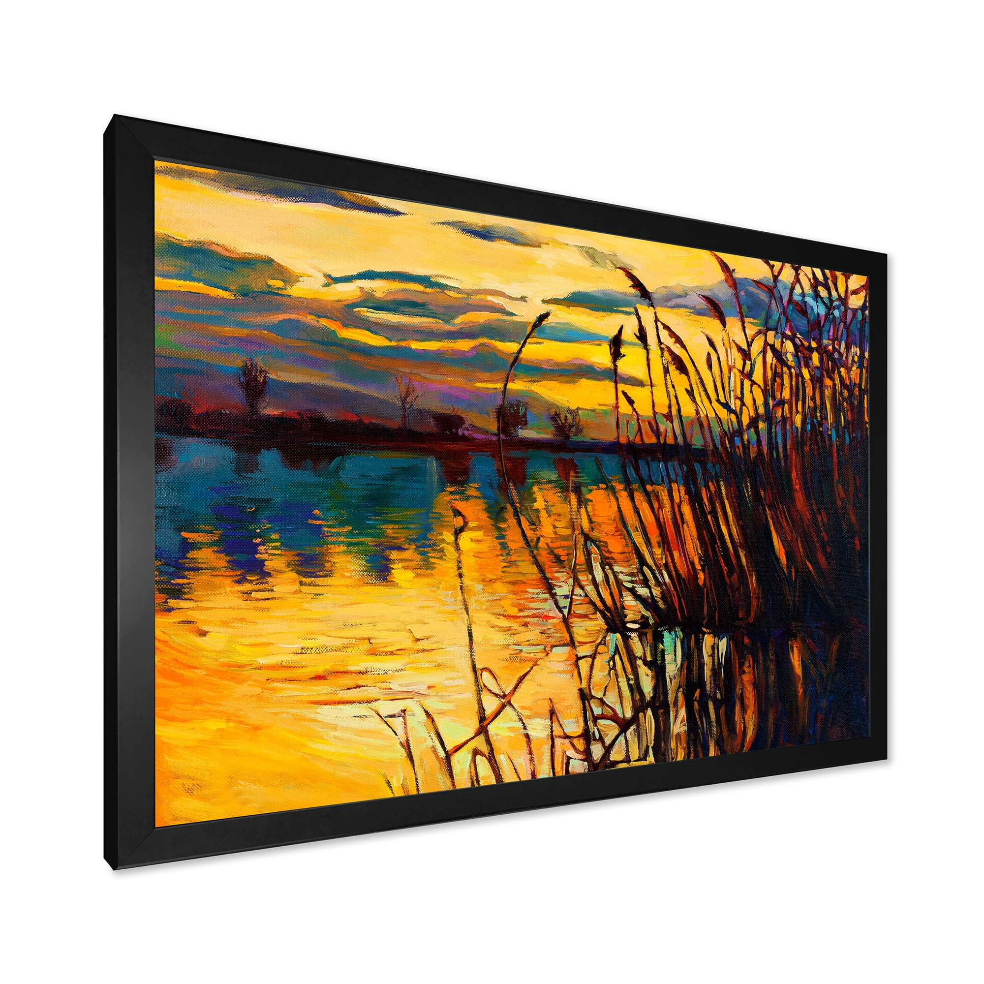 Designart 'Yellow Evening Glow Through The High Grass By The Lake' Nautical & Coastal Framed Art Print