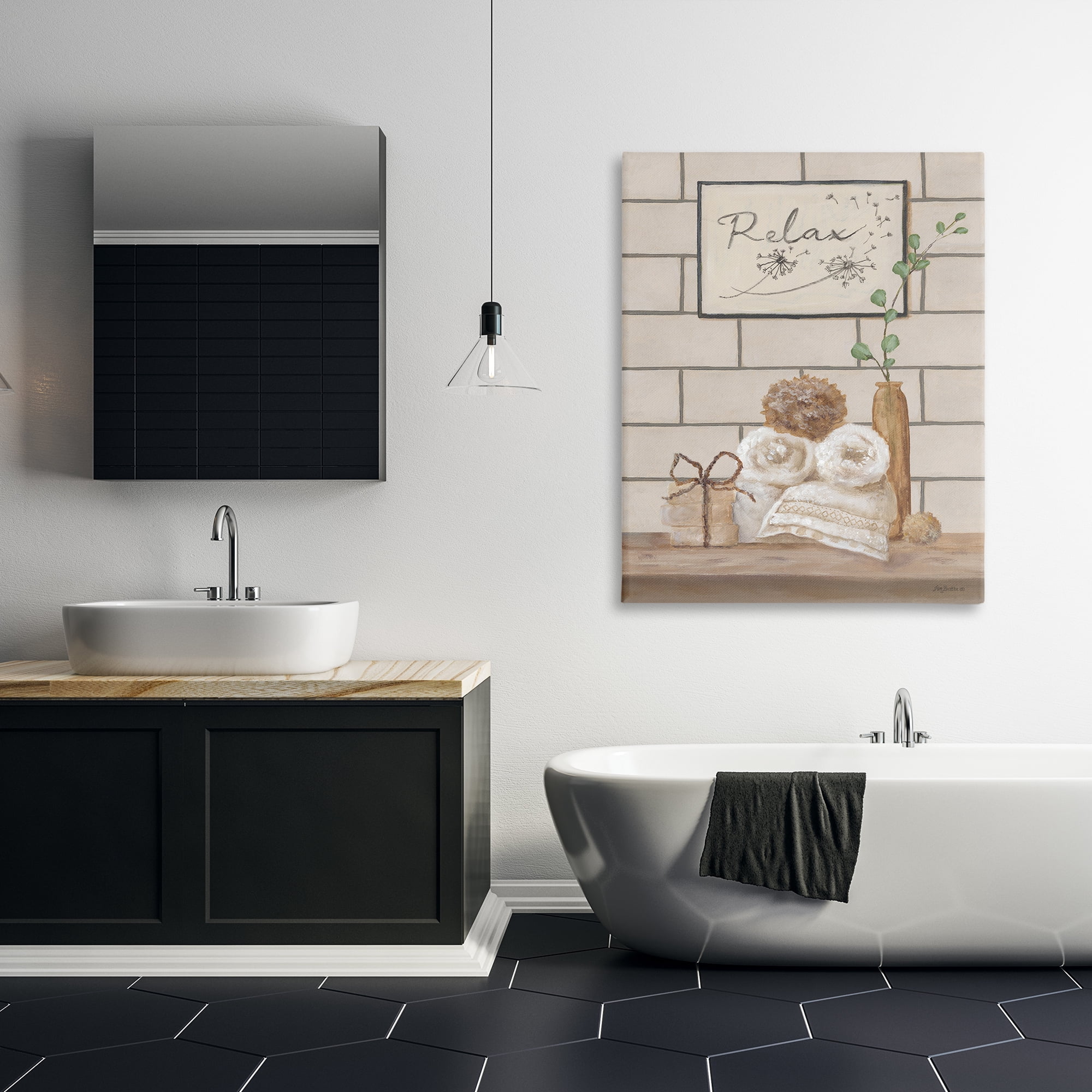 Stupell Industries Relax Bathroom Scene Typography Painting Gallery Wrapped Canvas Art Print Wall Art, 36 x 48