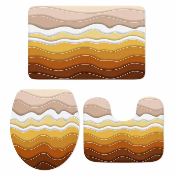 Abstract Bathroom Rugs Set Burnt Orange Brown Gradient Waves Beach Lines Non Slip Absorbent Soft Bath Mats 3 Piece Set with Bathroom Rug, U-Shaped Floor Mat, Toilet Seat Cover Small Size