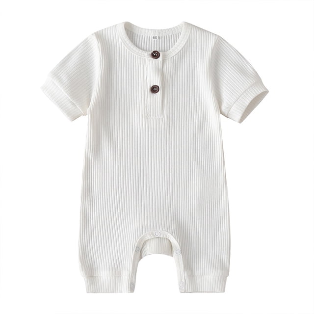 ZAXARRA Newborn Baby Short Sleeve Jumpsuit Solid Color Knit Rib O Neck Button Romper