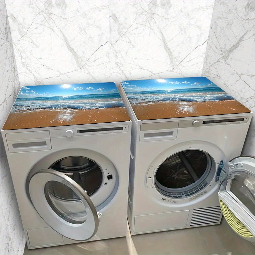 1pc Drain Pad,The Sun Shines On The Blue Sky, The Waves Gently Beat The Coastal Pattern Shore Washer And Dryer Top Protection Mat, Washing Machine Non-Slip Dust Cover Mat, For Laundry, Bathroom,