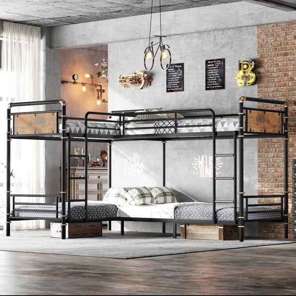 Firscook Twin Quad Bunk Bed, Metal Bunk Beds for 4 with Guardrails and Ladder, Convertible Black Bed Frame