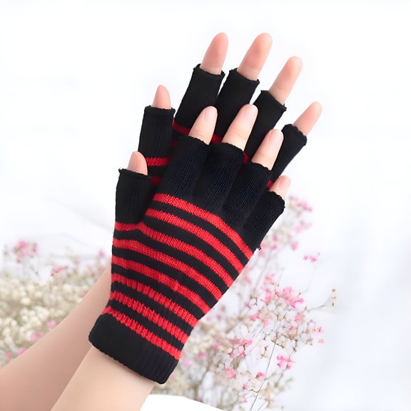 TELOLY 1Pair Black Stripe Half Finger Fingerless Gloves for Women and Men Knit Wrist Cotton Winter Warm Outdoor Mittens