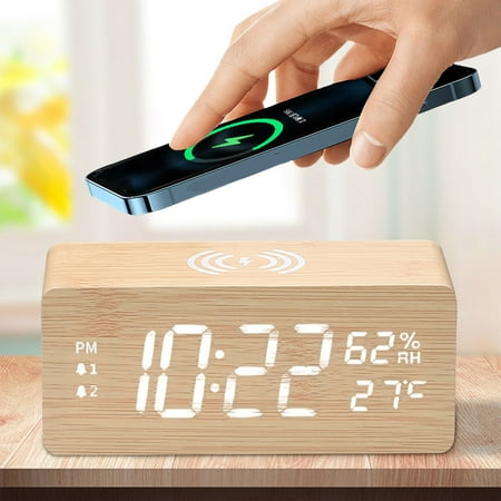 Wooden Wireless Charging Clock with Temperature and Humidity Display, Multifunctional Smart LED Alarm Clock, Silent Luminous Bedside Desk Clock with 15W Fast Wireless Charger