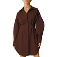 thumbnail image 1 of Robe T-Shirt Mini à Manches Longues pour Femmes, Boutonnée, Col à Revers, Plissée, Évasée, Courte, Marron, M, 1 of 9