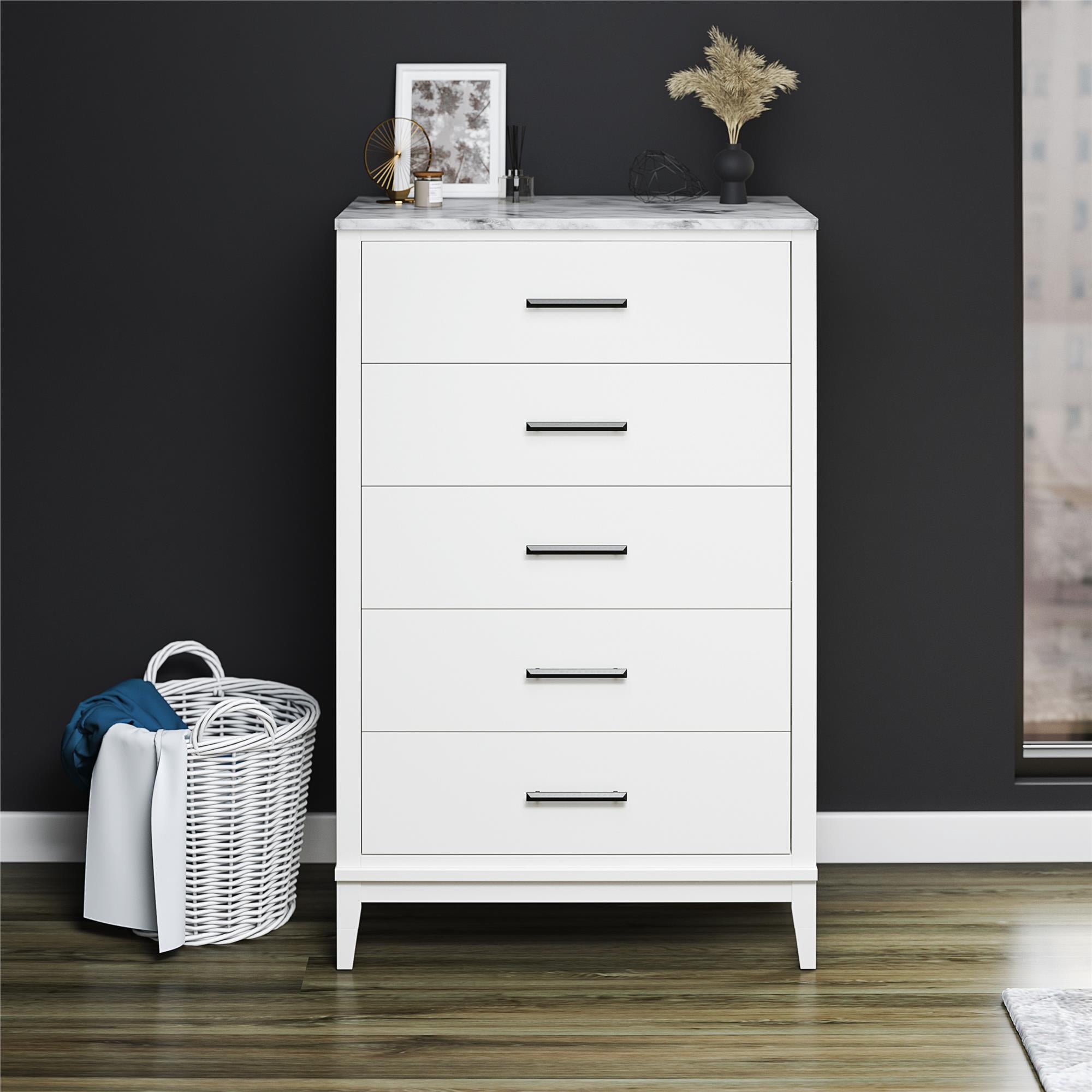 Ameriwood Home Amberleigh Tall 5 Drawer Dresser, White w/ White Faux Marble Top