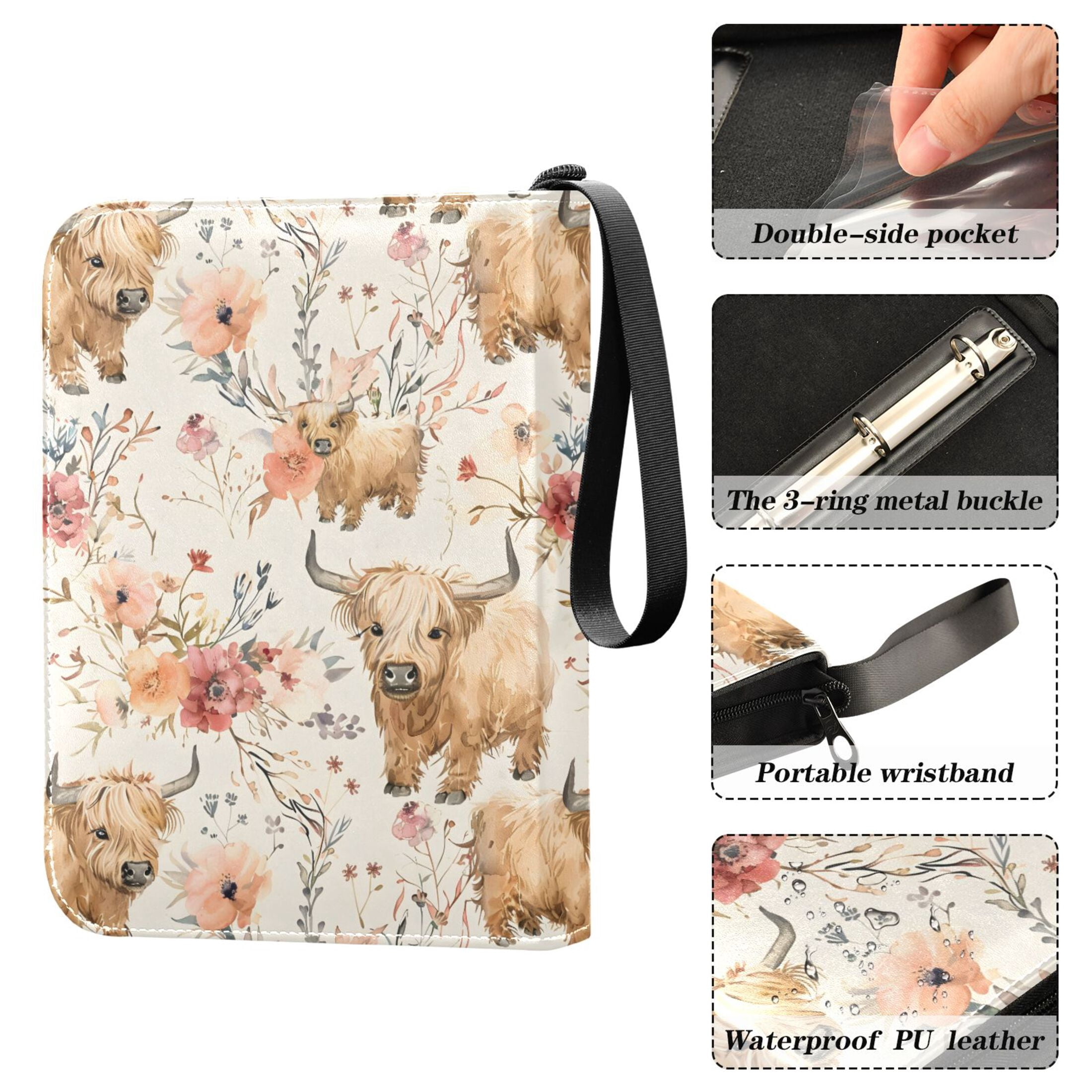 ALAZA Highland Cattle Floral Trading Card Binder 4 Pocket Cards Collection Album 400 Folder Holder