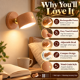 thumbnail image 4 of Rechargeable LED Wall Sconce, Touch Activated Cordless Wall Light with Adjustable Head and Wood Finish, Flexible Reading and Ambient Lighting for Bedside, Hallway, Entryway and Living Room, Style A, 4 of 19