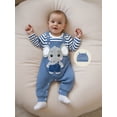 thumbnail image 3 of Baby Boy's Clothing Sets Fashionable Long Sleeve Striped Romper with Embroidered Overalls and Hat 3Pcs Outfits, 3 of 9