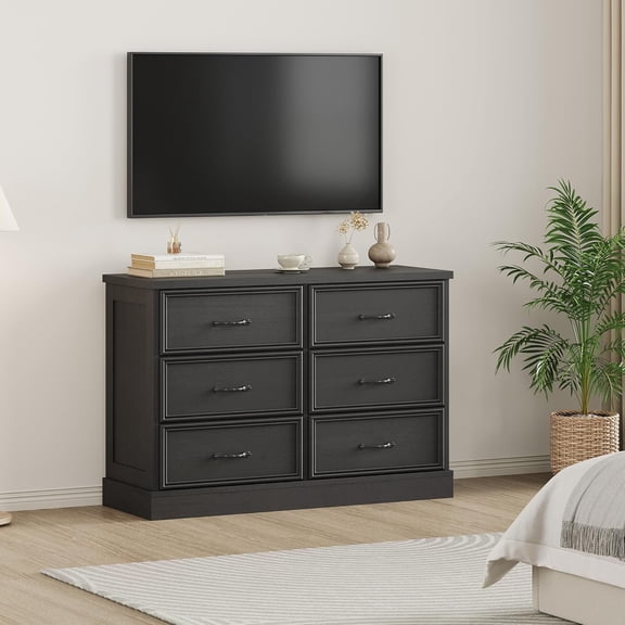 Farmhouse TV Stand for 75 Inch TV, Wooden Entertainment Center with 6 Storage Drawers and Open Shelves for Living Room,Black