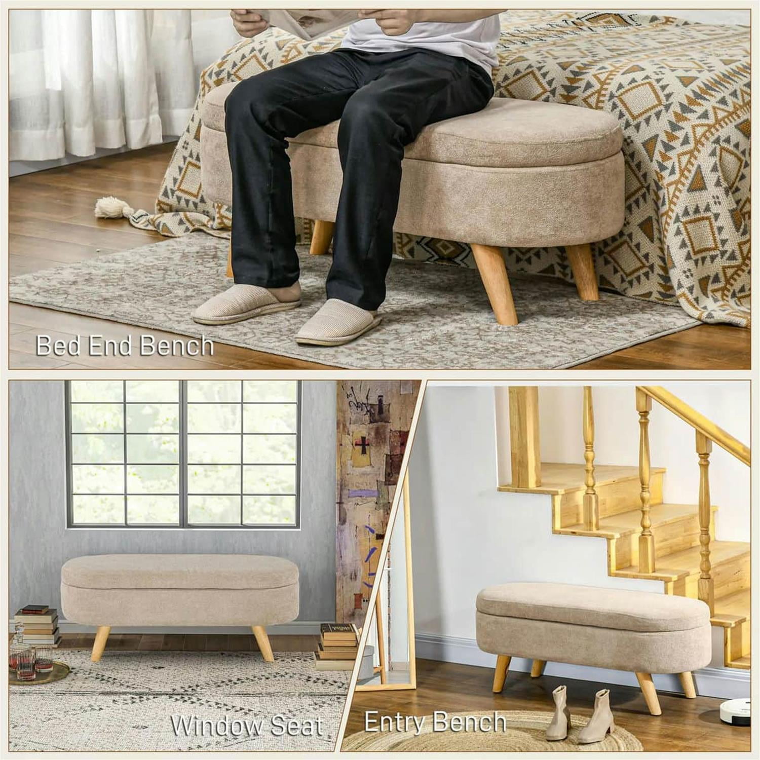 Demi Bonn 43" Upholstered Bed Bench with Wood Legs, Modern Ottoman Bench for Living Room, End of Bed Storage Footstool, Beige
