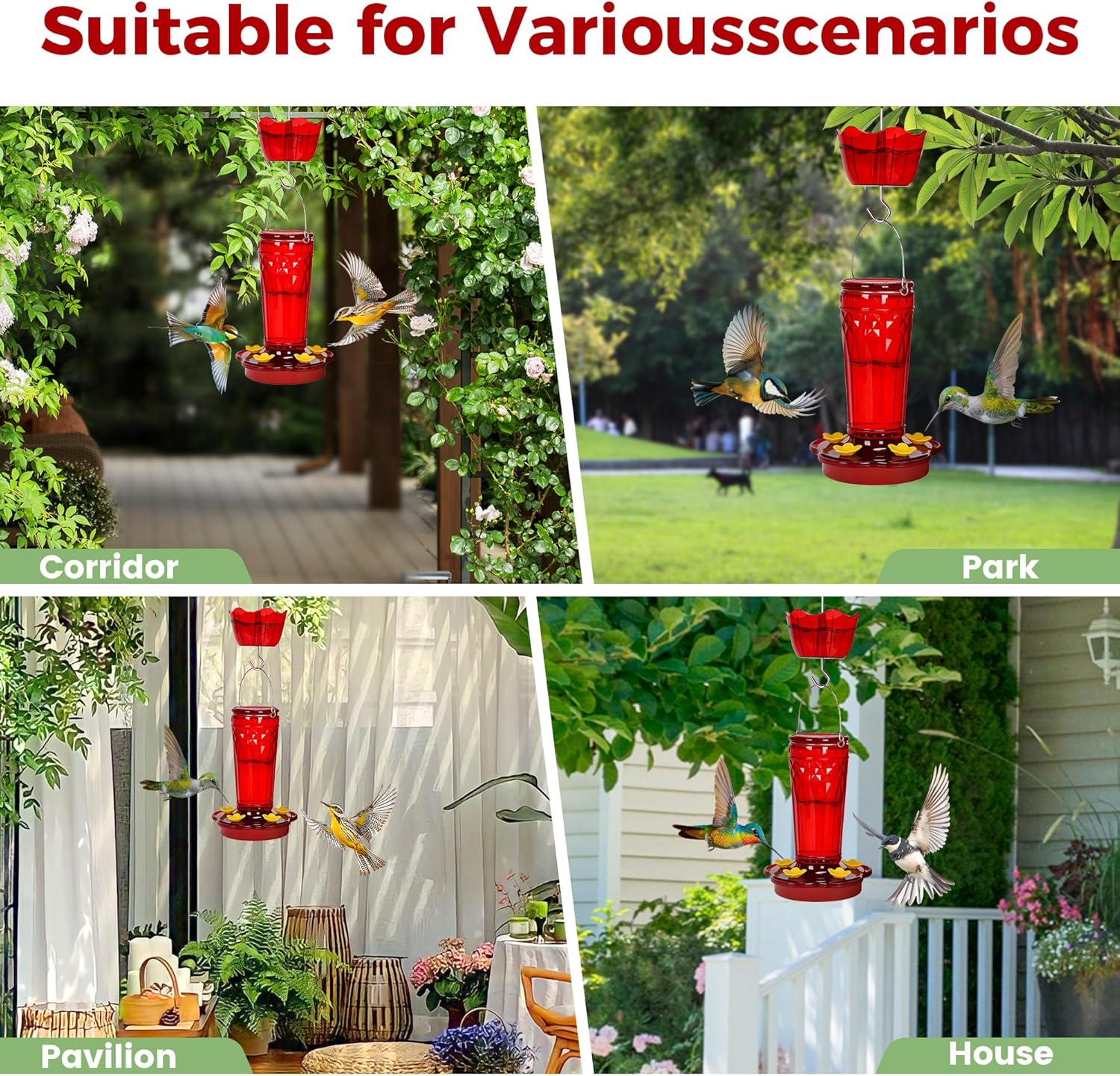 2 Pack Glass Hummingbird feeders for Outdoors 14Ounces，5 Feeding Ports Feeder,Wide Mouth Easy Filling/Cleaning，Hanging Garden Backyard Decor, Includes Ant Moat (Red，2Pack)