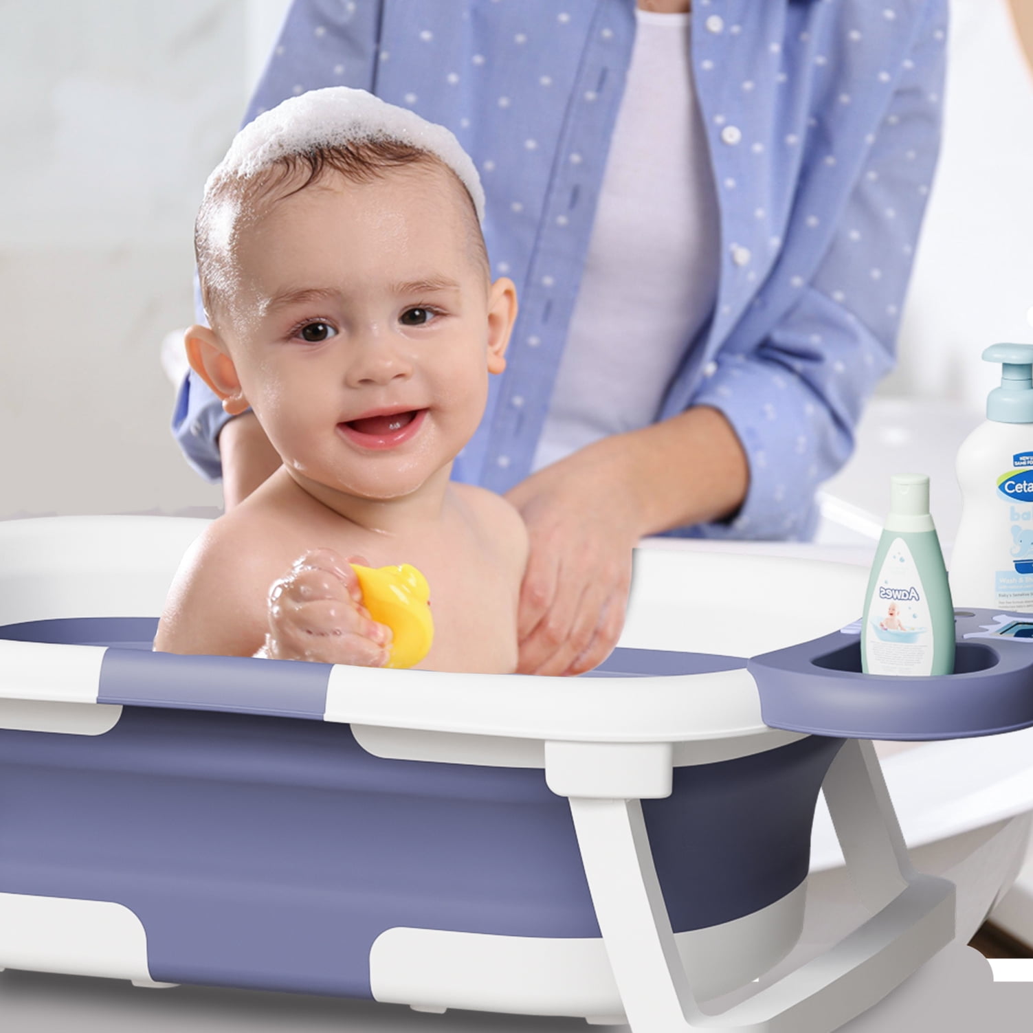 Aprpink Foldable Baby ‎Bathtub Elephant PP+TPE with Soft Cushion&Thermometer for 0-36 Months Toddler Blue