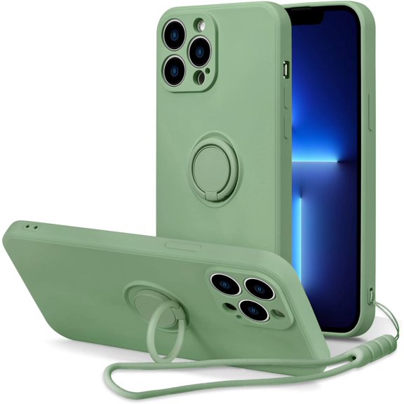 Ring Holder Case for iPhone 14 Pro 6.1 inch, Slim Liquid Silicone Phone Case with 360 Rotatable Ring Holder Kickstand Bumper Hand Strap Magnetic Car Mount Shockproof Cover - Matcha Green