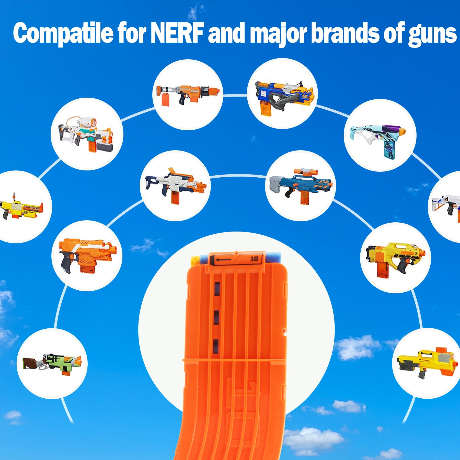 BOROLA 10 Darts Curved Magazine Quick Reload Clip Compatible for Nerf Elite (Orange, 2Pcs)