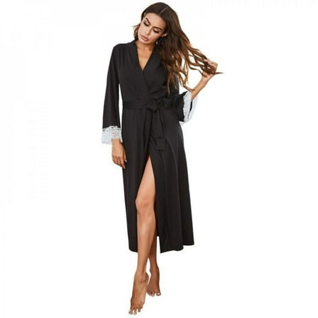 

Ladies New Solid Color Cotton Bathrobe Lace Edge Sexy Plus Size Pajamas Night Gown Casual Home Wear Black L
