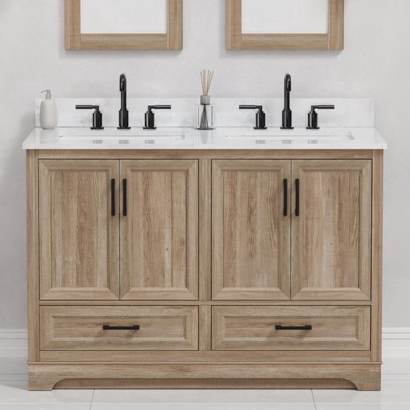 Retford 48" Double Bathroom Vanity, 49" W x 22" D x 34.5" H, Carrara White Engineered Marble Top with 2 Sinks & Backsplash, Light Wood, MDF, Pre-Assembled, Soft-Closing Drawers and Doors.