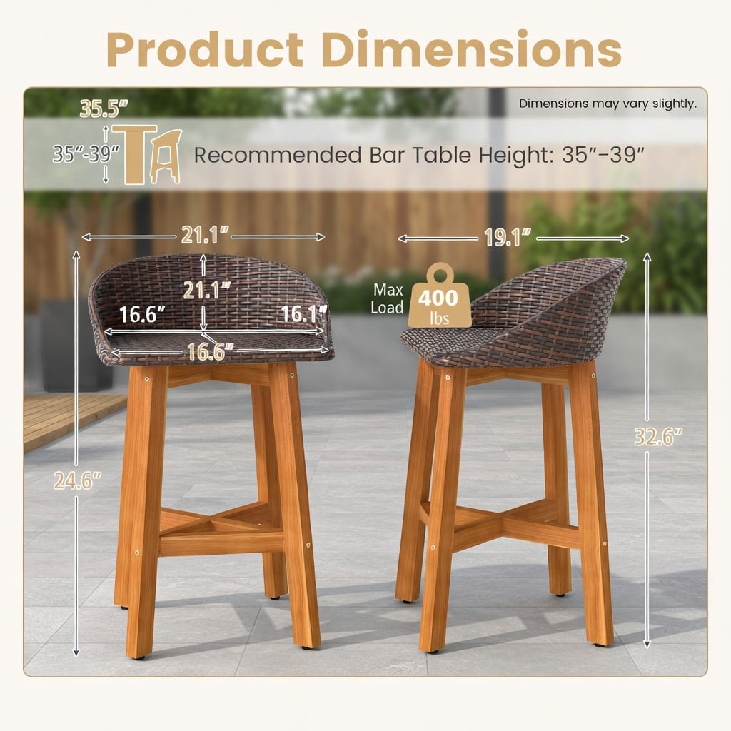 Hommoo 2-Piece Outdoor Bar Chairs Set, PE Rattan & Solid Acacia Wood, Ergonomic Backrest, Footrest, All-Weather Patio Seating, Natural