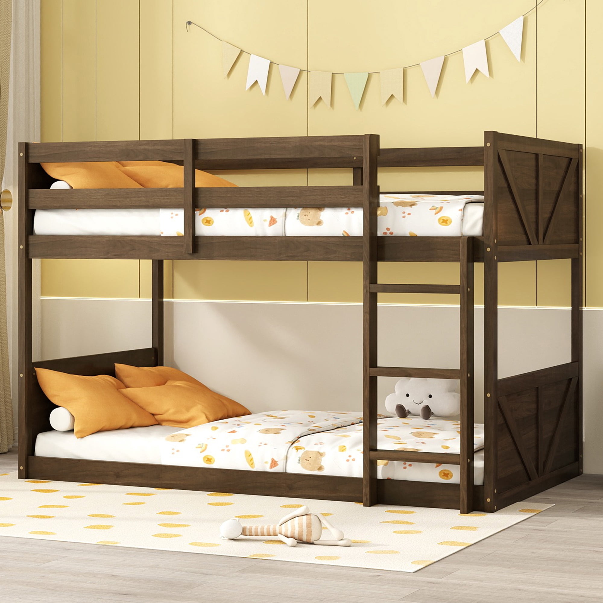 Alvantor Twin Over Twin Bunk Bed, Wooden Low Bunk Bed with Full-Length Guardrails and Ladder, Space-Saving Bed Frame for Kids, Antique Oak