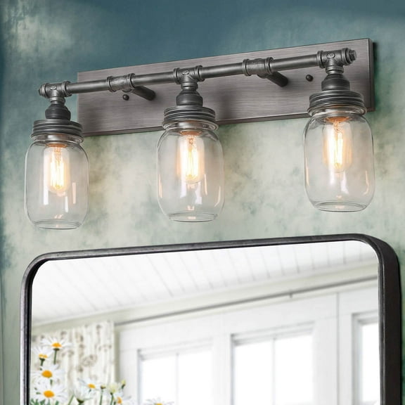 LNC Rustic Silver 3-Light Bathroom Vanity Light with Mason Jar Glass