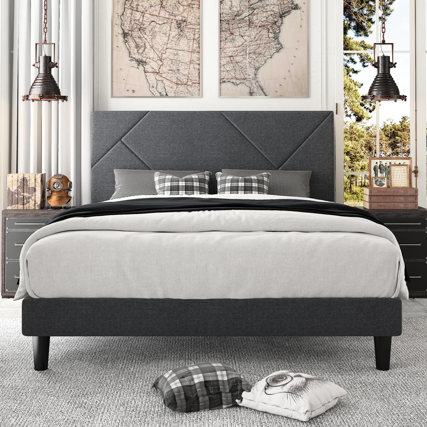 Amolife Full Size Metal Bed Frame With, Grey Upholstered Headboard And Frame