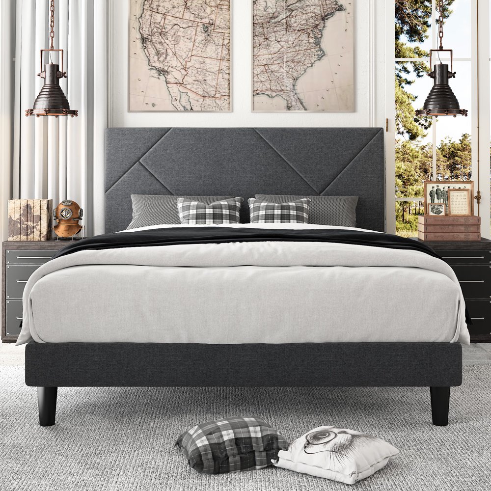Amolife Queen Size Metal Bed Frame with Geometric Upholstered Headboard