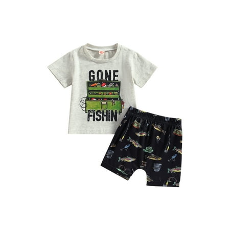 

Wassery Infant Baby Boys Summer Outfits Letter Print Short Sleeve T-shirt Round Neck Tops and Casual Elastic Fish Print Shorts 2Pcs Set 0-24M