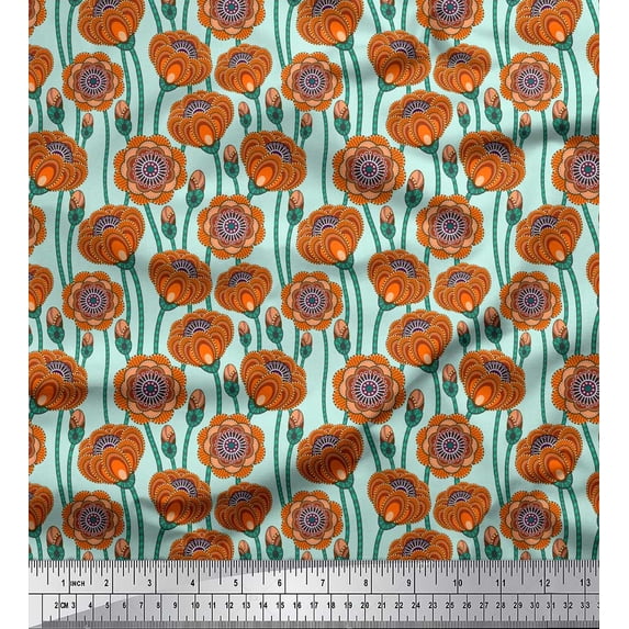 Soimoi Green polyester Crepe Fabric Artistic Floral Print Sewing Fabric Yard 42 Inch Wide