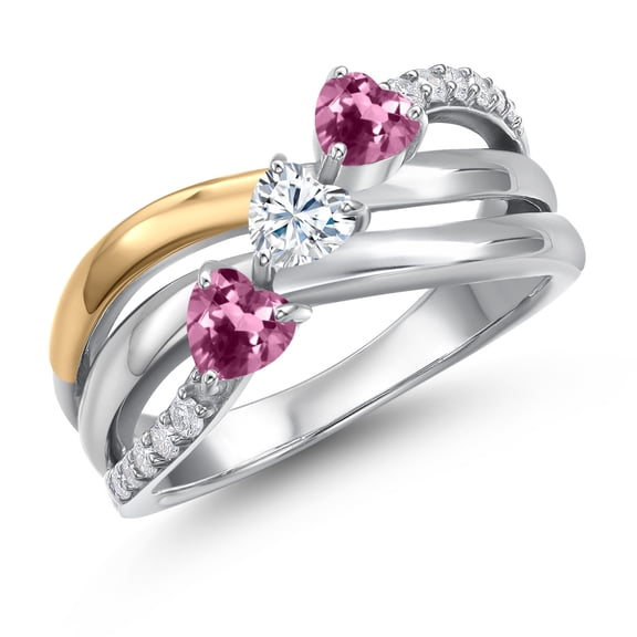 Gem Stone King 925 Silver and 10K Yellow Gold Pink Tourmaline and White Moissanite and Lab Grown Diamond Engagement Ring for Women | 0.78 Cttw | Heart Shape Gemstone October Birthstone | Size 5