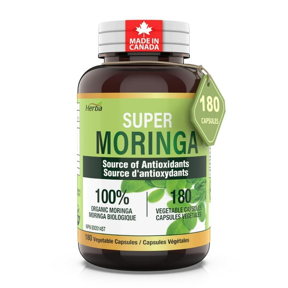 Herba Capsules de Feuilles de Moringa Biologiques - 500 Mg - 180 Capsules Végétales / Poudre de Moringa Biologique dans des Capsules de Moringa pour Plus de Commodité / Fabriqué au Canada