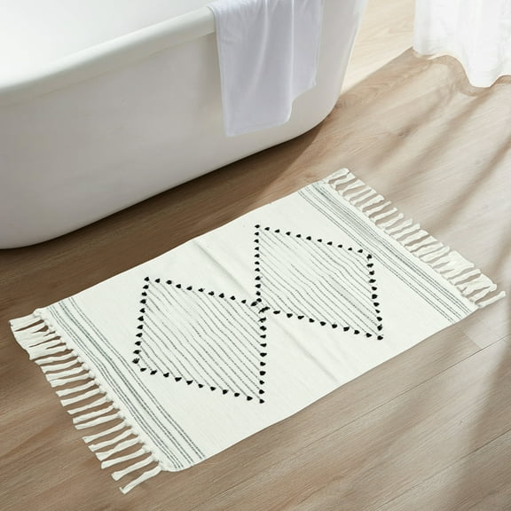 Dznils White Boho Bathroom Rugs, Farmhouse Geometric Polyester Bath Mat with Tassel, 24" x 35"
