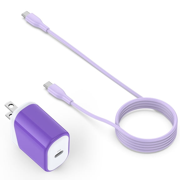 Type C Charger Block Fast Charging, PD 20W USB C Wall Charger with Type C to C Cable 6FT, USB C Charger Fast Charging Type C Brick Cube Charger Adapter Compatible for iPhone Samsung Android, Purple