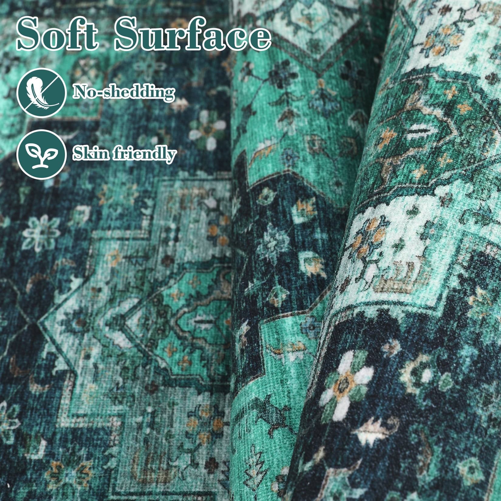 Garvee Vintage Rug 9'x12' Washable Rugs Large Area Rug Floral Print Rug Stain Resistant Non-Shedding Rug, Dark Teal