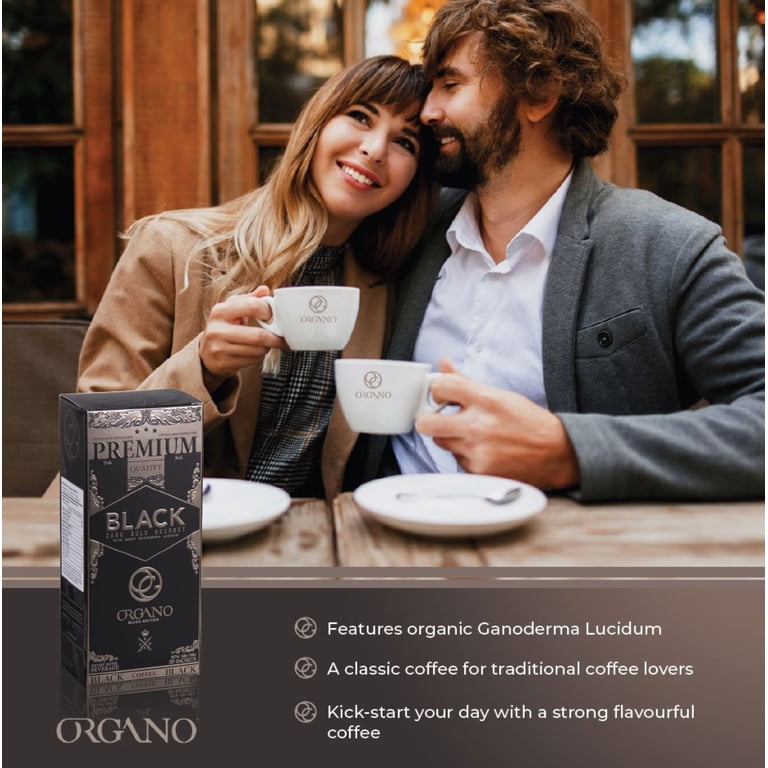 2 black coffees 3 cigarettes Organo 3 Boxes Gourmet Black Coffee, 100% Certified Ganoderma Lucidum (90 sachets)