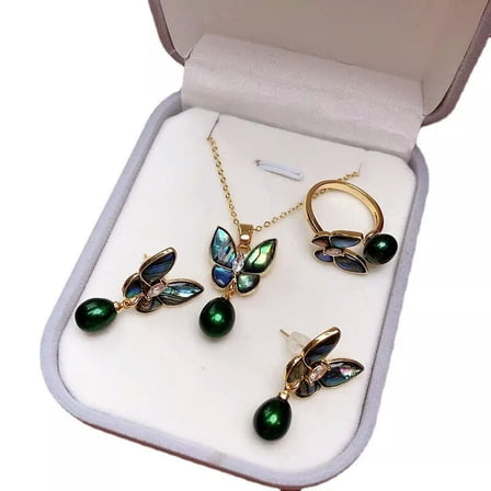 K-KED Abalone Shell Butterfly 7-8mm Black Freshwater Pearl Necklace Earrings Ring Set