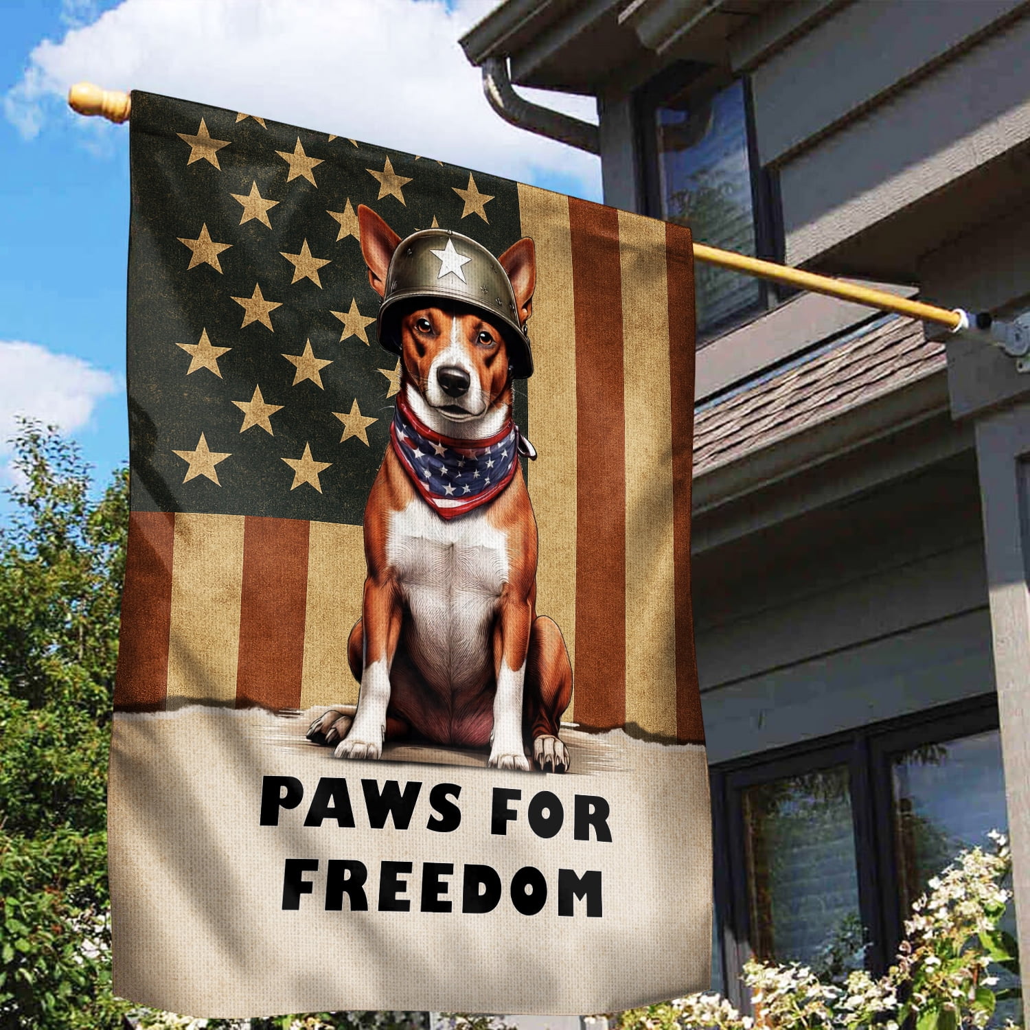 Freedom Paws Patriotic Basenji Vintage Memorial Day House Flag 28x40in Double Sided African Barkless Dog Lover Outdoor Decor - 12006