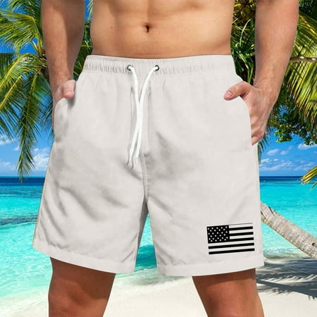Men s Quick-Dry Swim Trunks with American Flag Print  Elastic Waistband  Pockets  Beach Board Shorts for Swimming