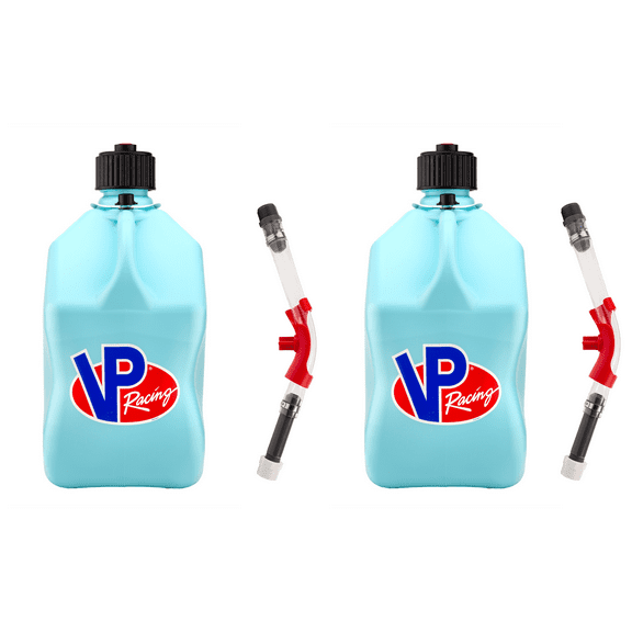 VP Racing 3632-CA, SQUARE Motorsport Jug 5.5 GALLON -Sky, With Deluxe Filter Hose, and Hose Bender - (2 Pack)