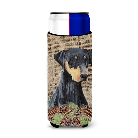 Doberman Faux Burlap and Pine cones Ultra Hugger for slim cans