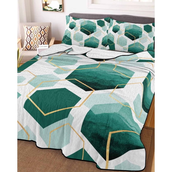 Turquoise Marble Full Size Down Alternative Comforter, Lightweight Comforter Quilt Bedding Set with Pillow Shams Gold White Geometric Hexagon Modern All Seasons Bed Comforter Duvet Insert 78"x90"