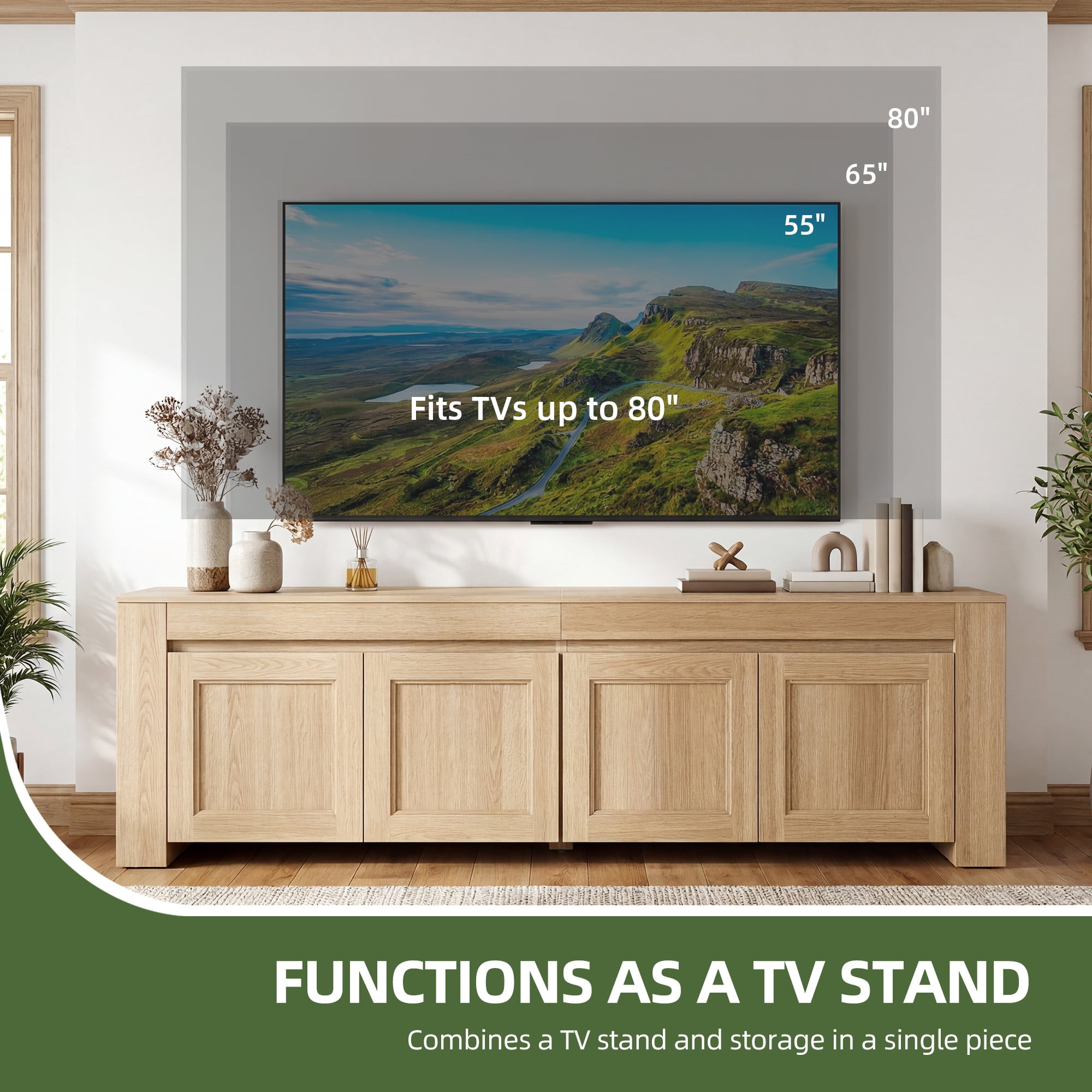 Uforic 70 Inch Modern Farmhouse TV Stand for Up to 80 Inch TVs with 4 Storage Doors & Inner Shelves for Living Room, Natural Oak