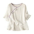 thumbnail image 2 of Wooowa Women 3/4 Sleeve Cotton Linen Blouses Retro Chinese Button Tops Floral Embroidered Shirts Mandarin Collar T Shirt, 2 of 5
