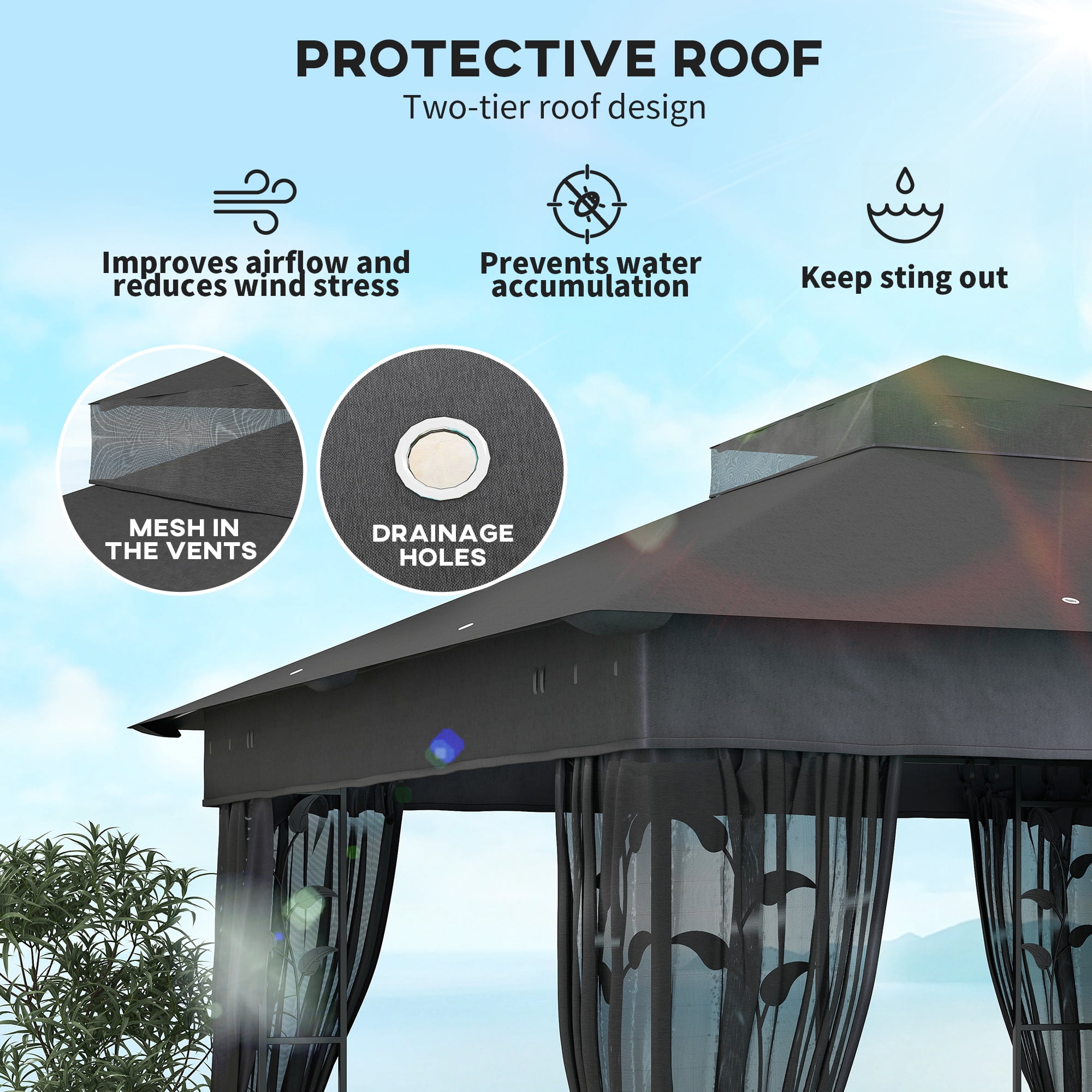 Outsunny 10' x 10' Outdoor Gazebo with Shelves and Netting, Double Roof Patio Gazebo Canopy Shelter, UV30+ Protected