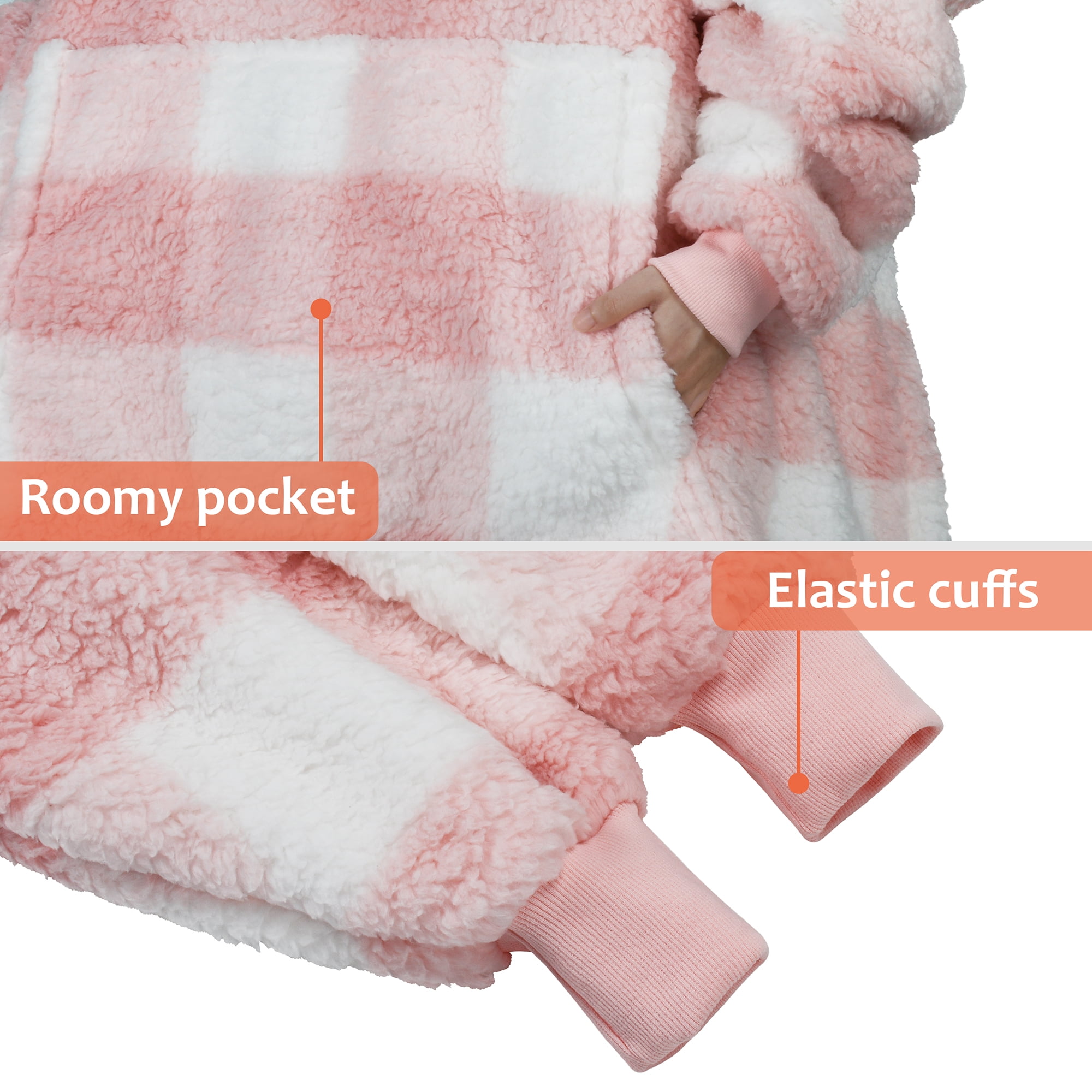 Catalonia Pink Plaid Oversized Wearable Blanket Hoodie Sweatshirt, Comfortable Sherpa Lounging Pullover for Adults Men Women Wife Girlfriend, Gift for Her
