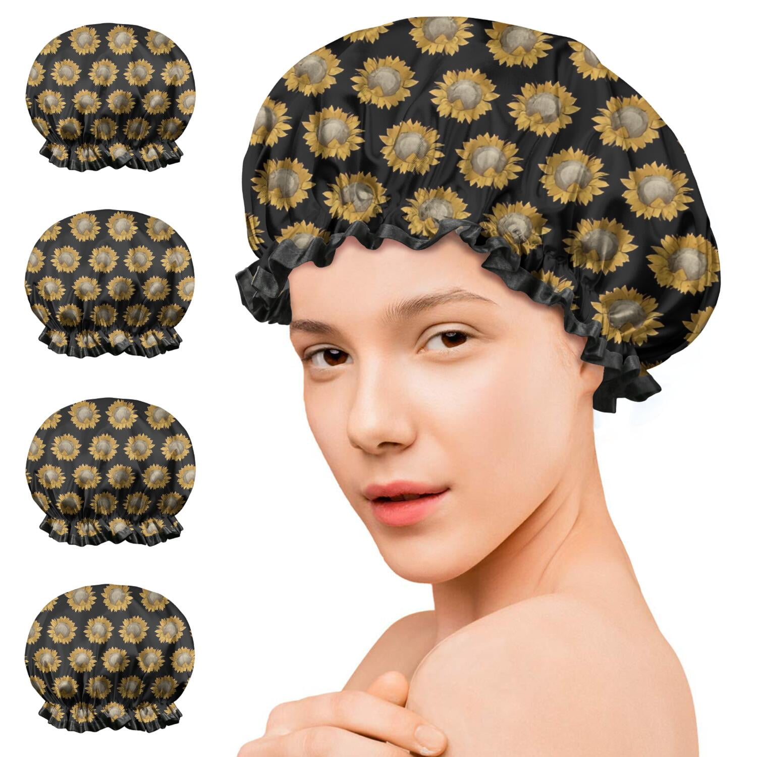 Shower Caps,Black Yellow Sunflower Pattern Waterproof Shower Cap for Women 4 Pieces,Double Reusable Hair Cover for Shower PEVA Elastic Stretch Hem