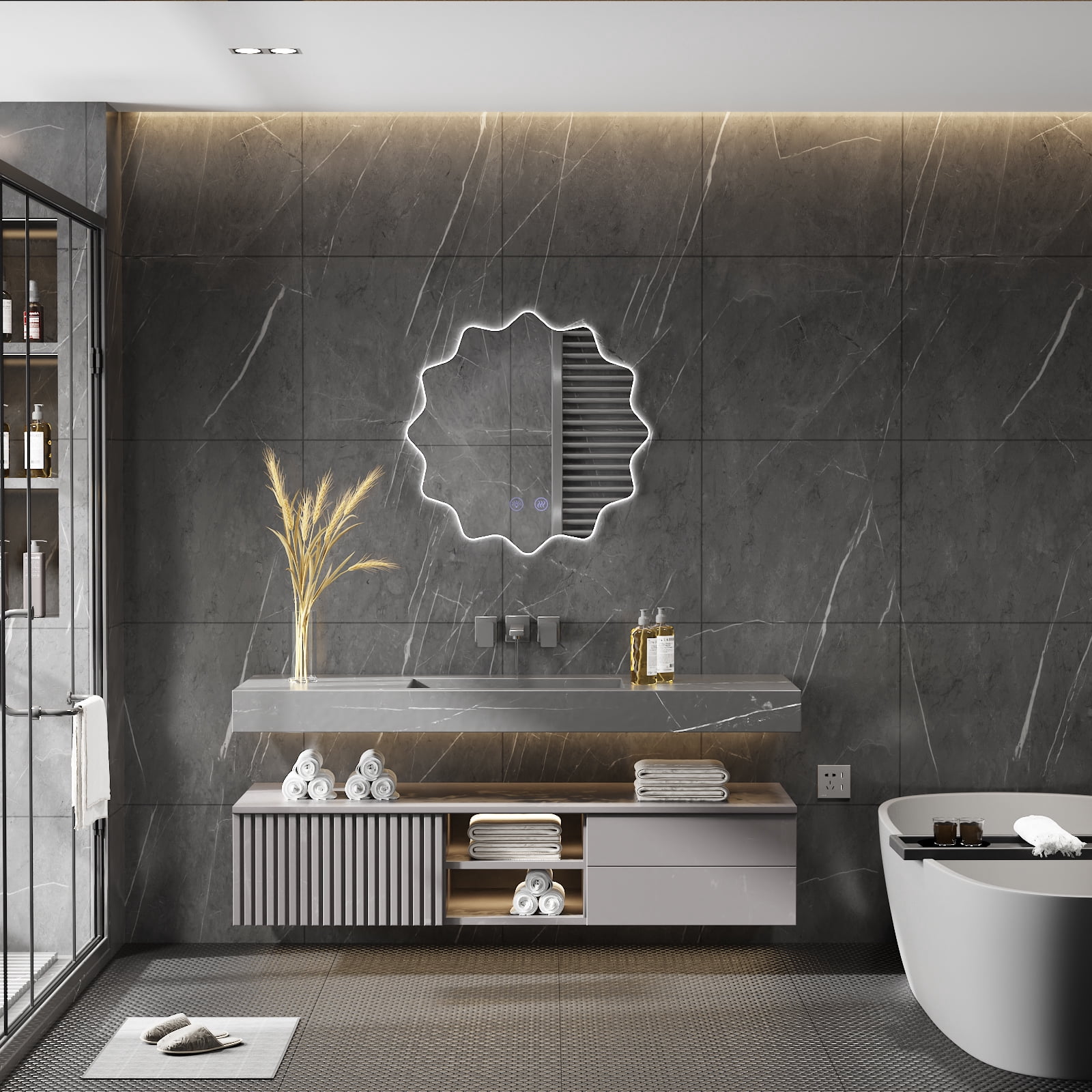 Wonline 28" X 28" Wall Mounted Bathroom Mirror with LED-Lights,Frameless Polygonal Round Bathroom Vanity Mirror Decor