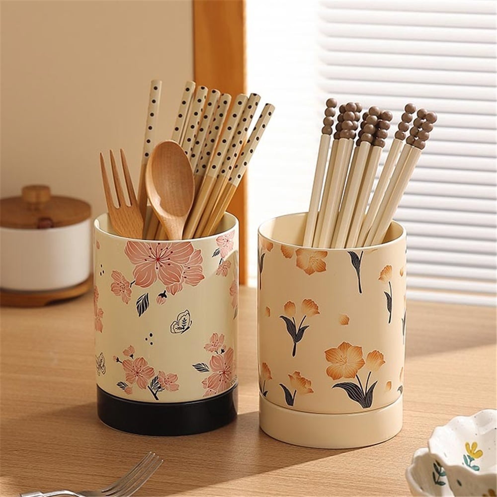 Ceramic Utensil Holder,  Kitchen Utensil Crock for Counter Drying Rack with Drain Tray